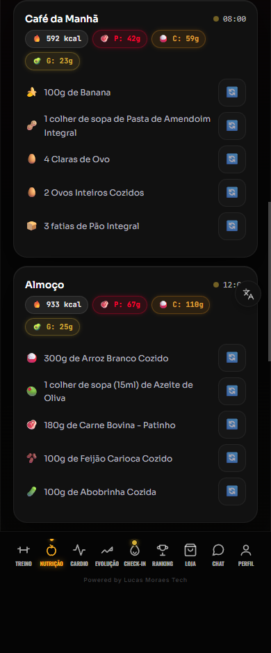 Tela real da dieta com as refeições