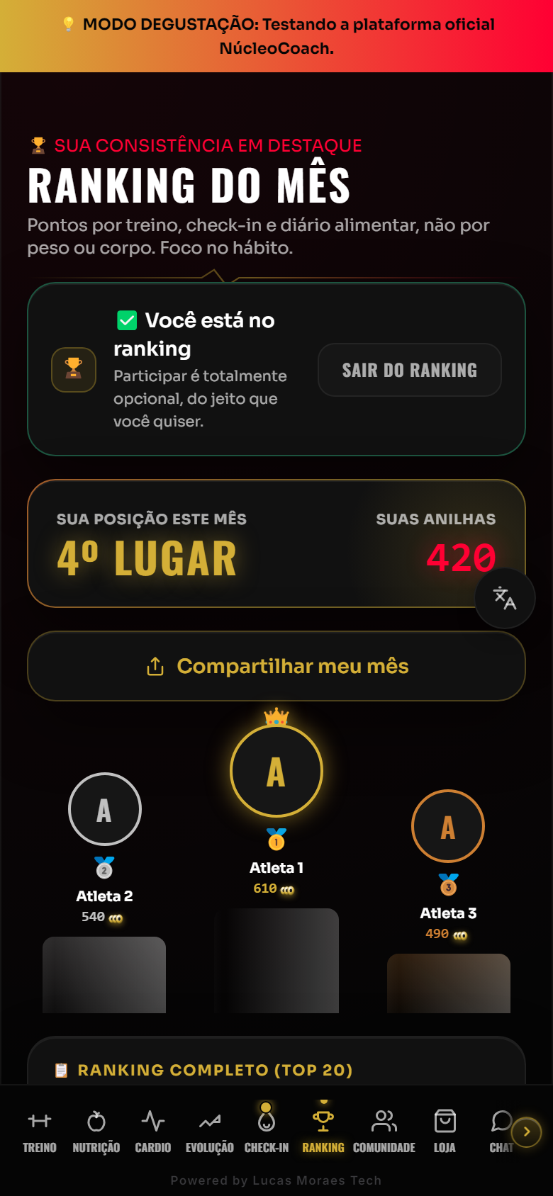 Tela real da aba Ranking