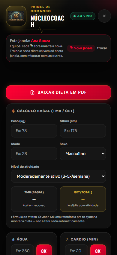 Tela real de dieta no painel